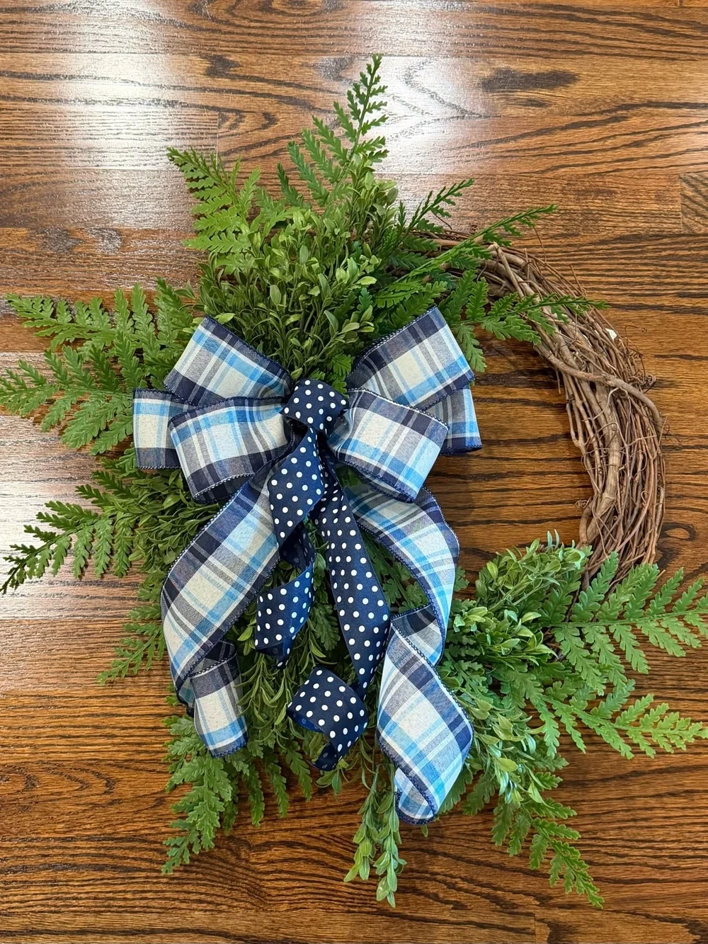 Blue Plaid and Navy Bow Greenery Wreath -